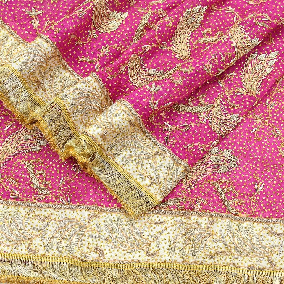 Véu bordado à mão vintage pesado nupcial Dupatta rosa puro chiffon seda estola - Imagem 4 de 4