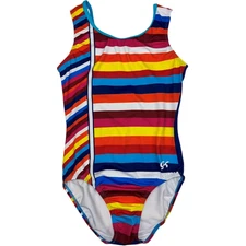 GK Elite Gymnastics Leotard  AM Adult Medium Vibrant Stripes Bright Colors EUC