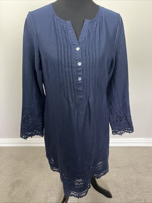 MALVIN Hamburg Germany Sz 8 M 100% Linen Button Dress V Neck Lace Trim Navy  Blue | eBay