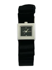 BCBGMAXAZRIA Ladies BG6339 plissé Black Febric & Leather Strap ruffled bow Watch