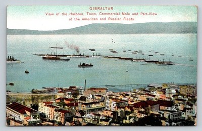 Gibraltar Harbour View Postcard American & Russian Fleets Printed in Saxony