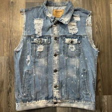 Carbon Mens Denim Vest XL Distressed Acid Wash Biker Jean Jacket 90's Y2K