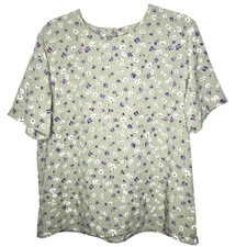 Vintage Notations Floral Cottagecore Top Size L Green Violets Fairy Lightweight