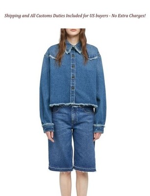 ALANUI Pacific Roads Cropped Denim Women Shirt S Blue Raw Hem Distressed RRP815