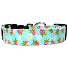 Pink Strawberries  Flowers On Aqua Handmade Dog Collar