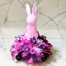 Easter Bunny Centerpiece Wreath with Pink Mesh, Polka Dot  Plaid Ribbons