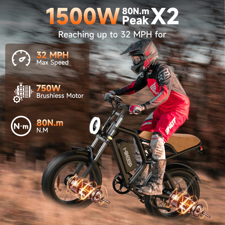 Hikeep 1500W Motor Electric Mountain Bike 20in 48V 15.6Ah 30MPH Fat Tire Adult