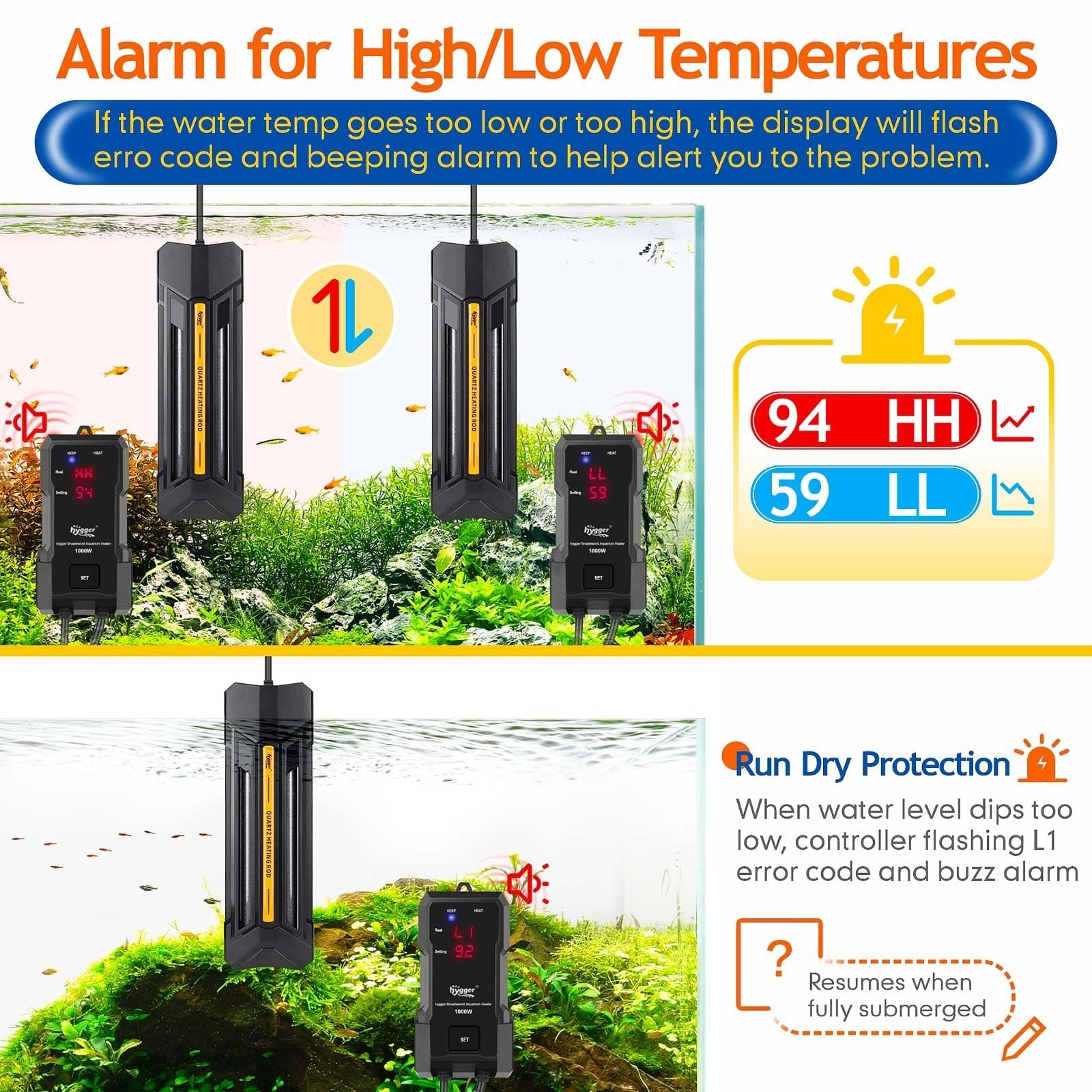 hygger 500W Aquarium Heater with Controller, Adjustable & Submersible Fish Ta...