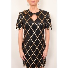 Vintage LA Women's Size 6 Black Gold Sequin Mini Dress Short Sleeve Cocktail