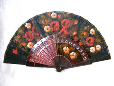 Vintage Hand Fan Dark Red Plastic Pink  Red Floral Design F-2