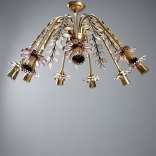Lampadario Vintage Ottone Foglie Vetro 9 Bracci Design Italia Anni 50 Originale