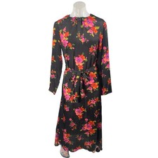 Asos Black Pink Floral Long Sleeve Cutout Back Tie Waist A Line Midi Dress Sz 6