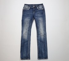 Miss Me Womens 28 Thick Stitch Mid Rise Straight Leg Jeweled Denim Jeans Stretch