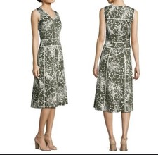 Lafayette 148 New York Dress Green White Flare A-Line V Neck Cotton Poplin Sz 4