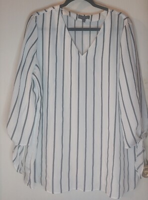 The Limited Womens White with Black Stipes Slit Tie Sleeve Shirt  Top Size XL 