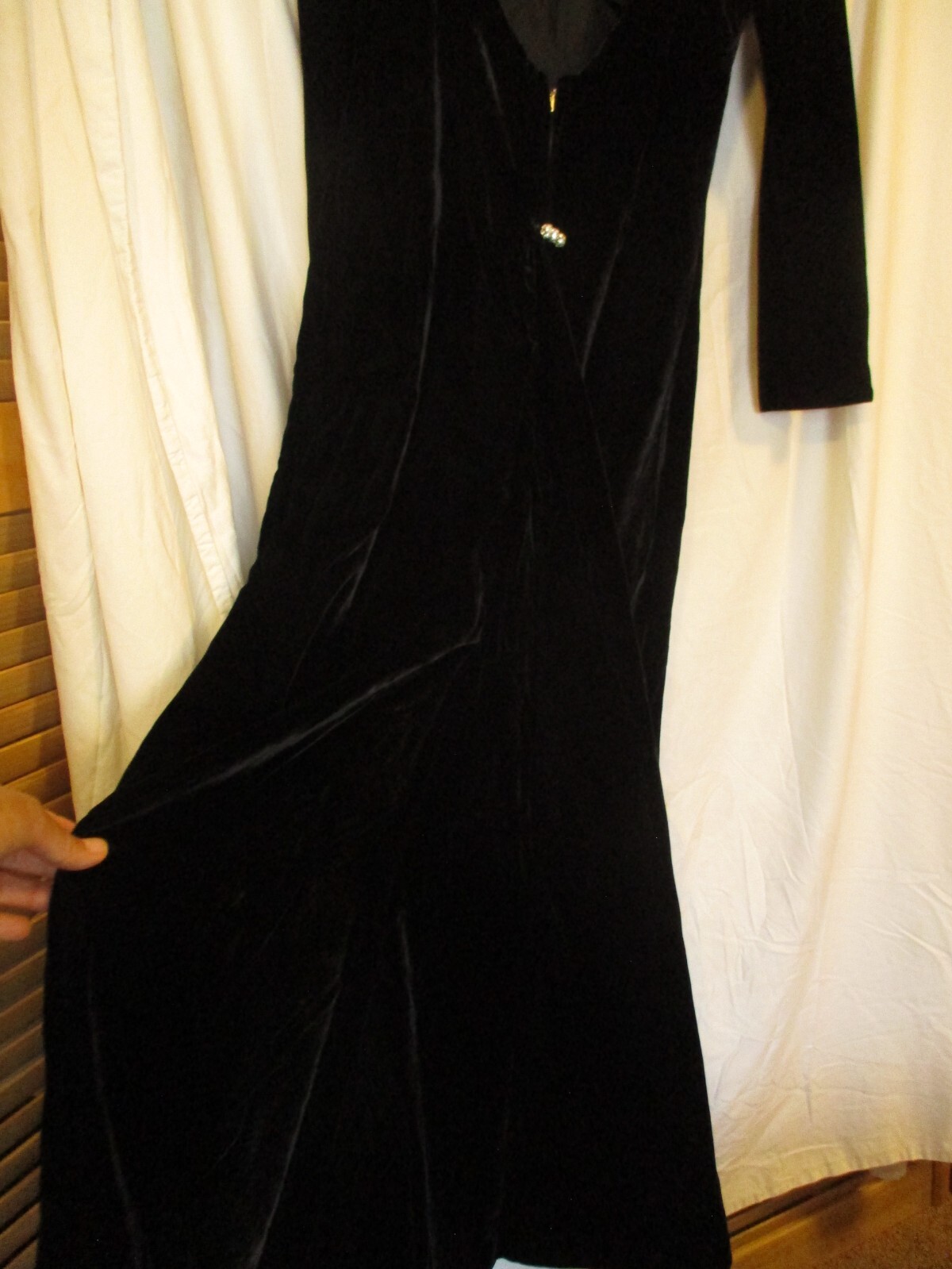 Vintage long black velvet gown dress open back rhinestone buttons S