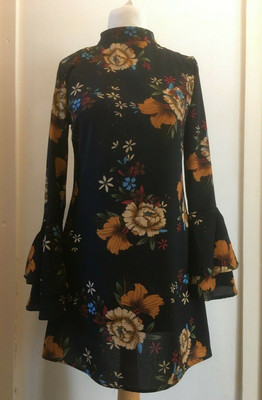 Yoins Floral Flared Dress Bell Sleeve Perkins Collar 8-10 UK BNWT £40.10 Navy