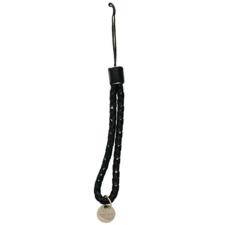 BOTTEGA VENETA Intrecciato key chain charm mobile phone strap black leather Auth