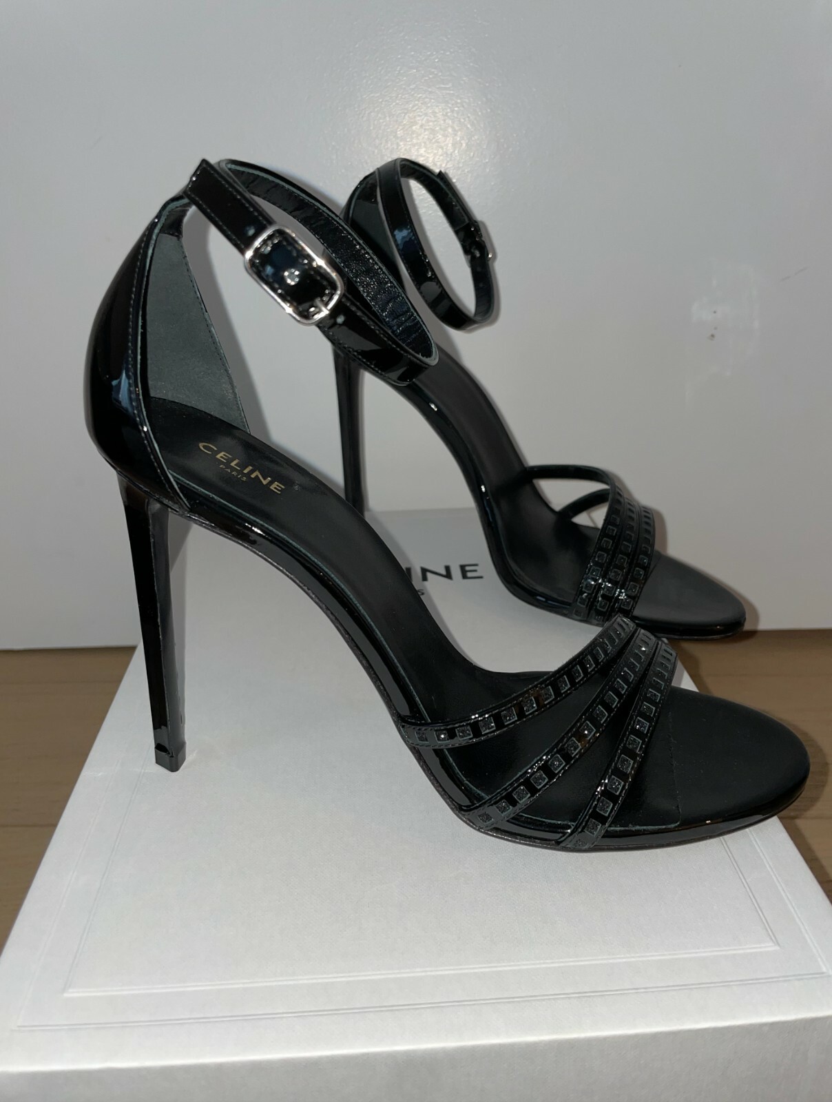 Celine Sharp Sandal in Patent Calfskin & Glitter, Women, Black