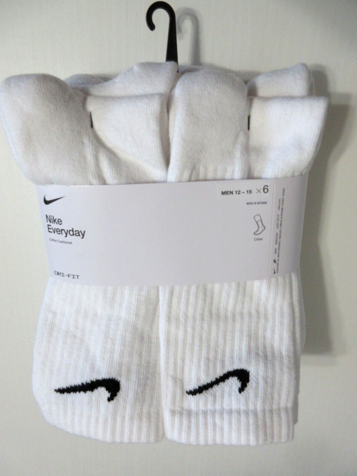 6 pares de calcetines Nike Everyday CREW BLANCOS Dri Fit cojín extendido para hombre ~ XL / 12-15