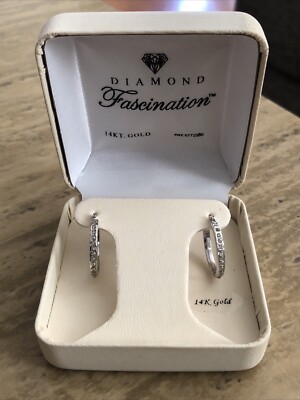 14k White Gold Diamond Fascination Oval Hinged Hoop Earrings