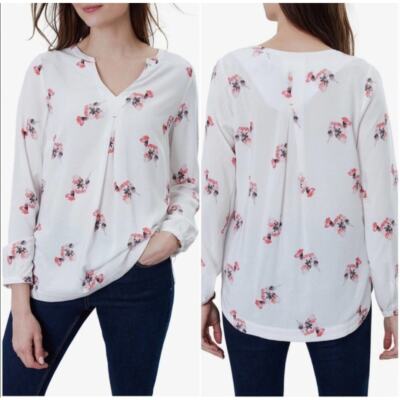 Joules Women's Split Neck Floral Curved Hem Blouse White Pink Size 8