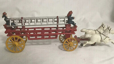 KENTON Antique Cast Iron Horse Drawn Hook & Ladder Fire Truck W/ 2 Men |  eBay