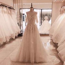 Elegant Wedding Dresses Lace Applique 3D Flower Crystal A Line Bridal Gowns