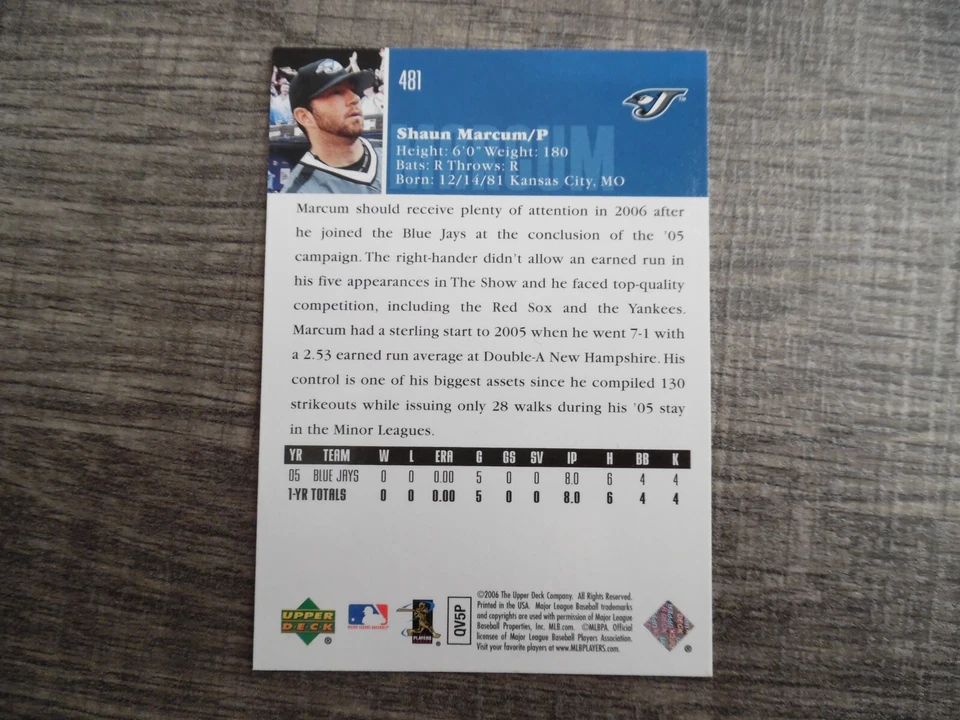 Shaun Marcum Toronto Blue Jays 2006 Upper Deck MLB RC #481 - Image 3 of 3