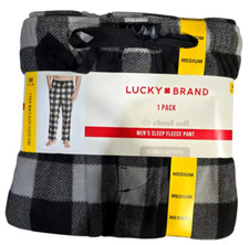 Lucky Brand Men's Sleep Fleece Pant Medium, Black and White plaid