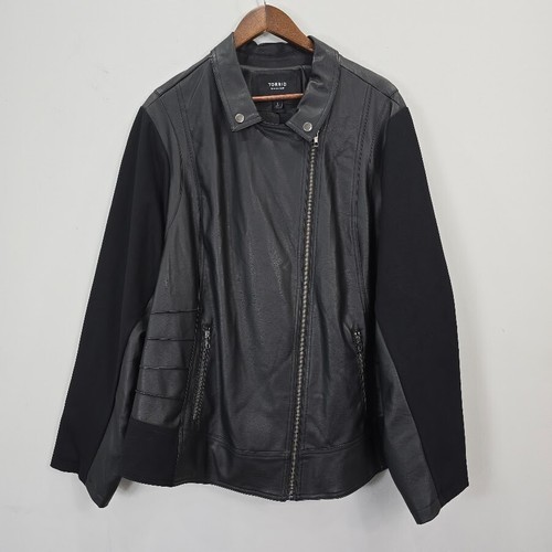 Torrid Black Faux Leather Jacket 3 Black Mixed Media Zip Up Moto Bikercore Goth