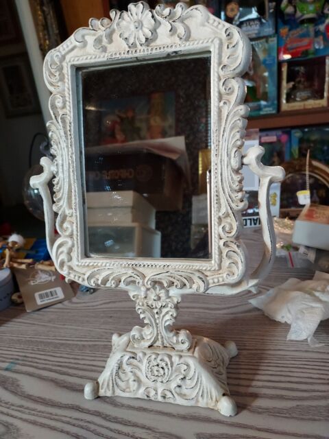 Vintage Ornate Cast Iron Vanity Top Tilting Mirror. CREAM WORKS GREAT