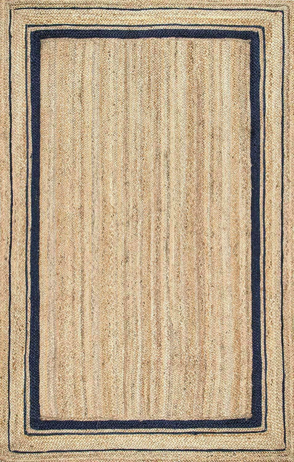 Rug Natural Jute Hand Woven Beige with Black Line Rectangle Runner Area Rug - Picture 4 of 8