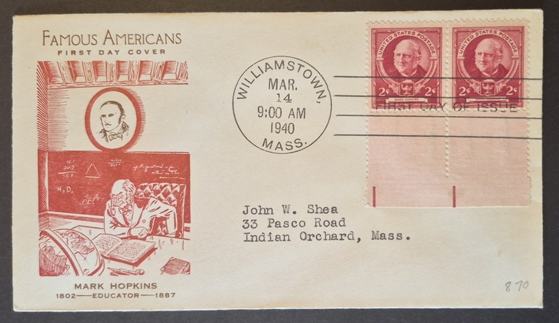 1940 First Day Cover Pair Of US Scott 870 Mark Hopkins Famous Americans FDC