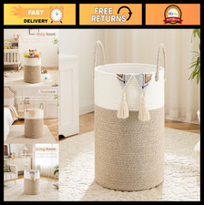 Woven Cotton Rope Laundry Basket 60L - Stylish Hamper for Clothes, Toys  Blanke