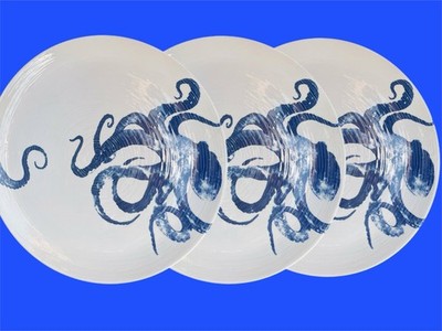 Set Of 3  Blue Octopus Ceramiche Italy Ceramic Porcelain Dinner Plates 11  NWT