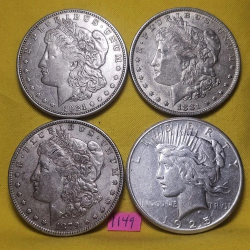 LOT of 4 🇺🇲🔥XF-AU 👀🔥1879 1881 1921 Morgan & 1925 Peace Silver Dollars 1149
