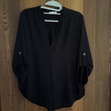 Lush V Neck Roll Tab Sleeves Blouse Top XS Bl...