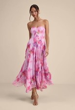 Lulus Madoria Pink Multi Floral Strapless Midi Dress NWT size Large Chiffon