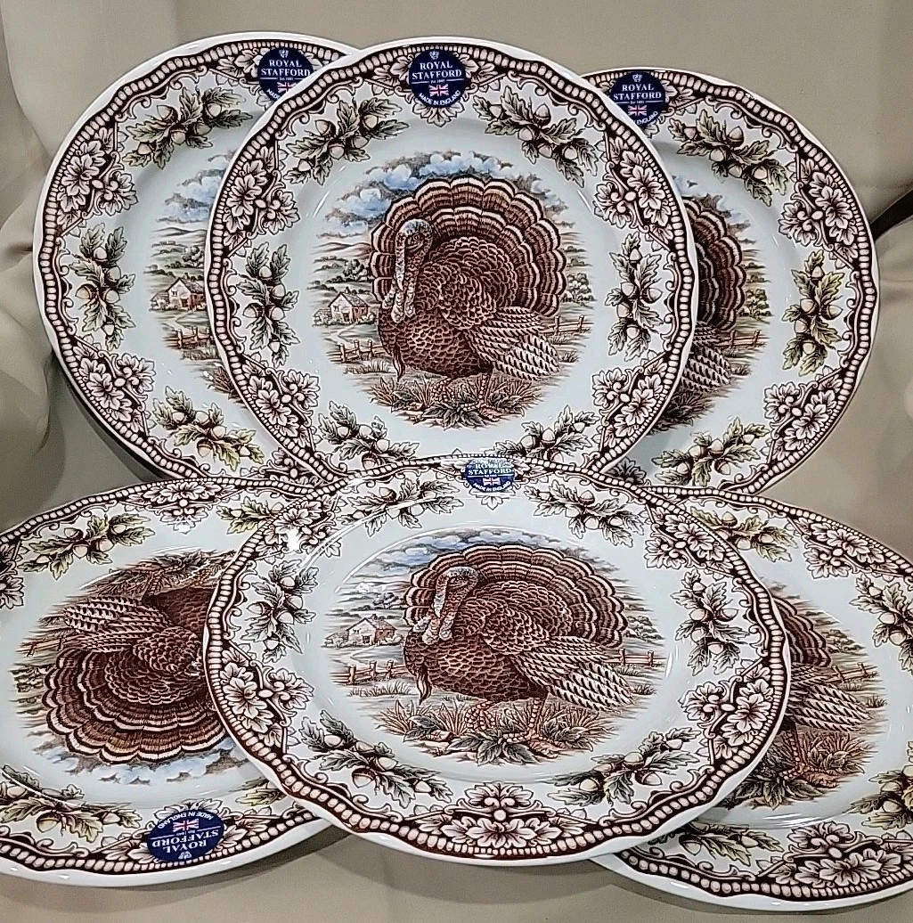 6 Royal Stafford Thanksgiving Turkey 11" Porcelain Dinner Plates Set of 6 Acorns