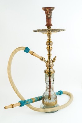 Ornate Brass and Glass Hookah with Engraved Details and Ceramic Bowl