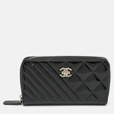 Chanel CC Black Quilted Patent Leather Zip Around Wallet