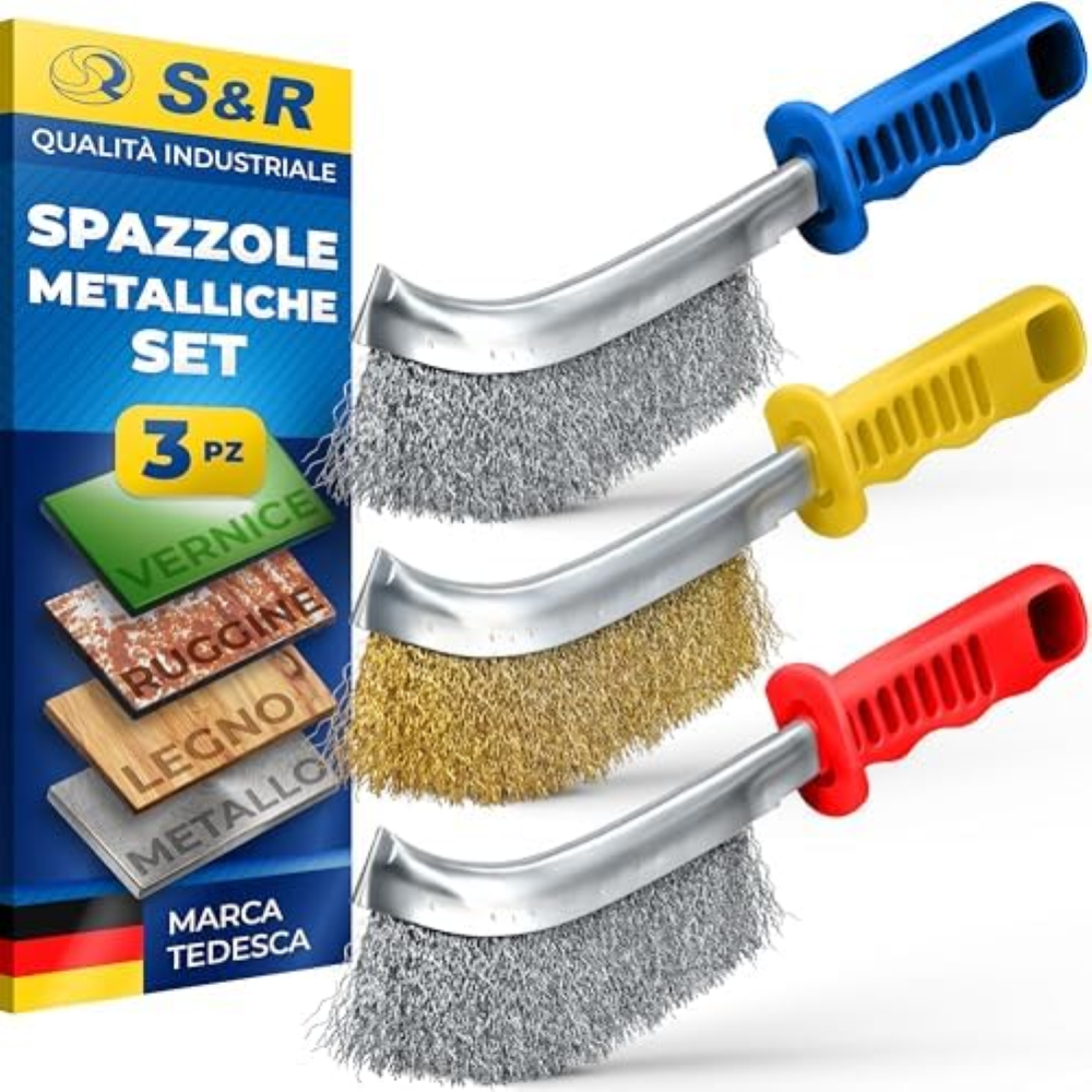 S&R Set di 3 Spazzole Metalliche. Set di Spazzole da 125mm per Ferro Legno Verni