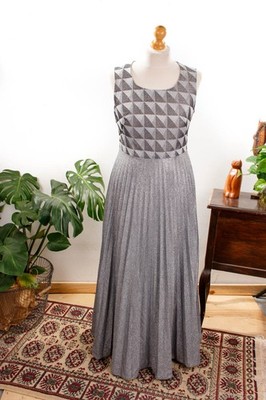 %SALE% Vintage 70s Abendkleid lang silber Glitzer Lurex Plissee Schlager DIVA 44
