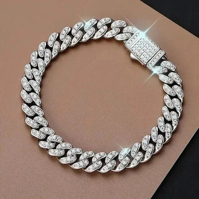 10MM 9CT Round Diamond Lab Created Men's Cuban Bracelet 14K White Gold Plated 8" - Image 2 of 4