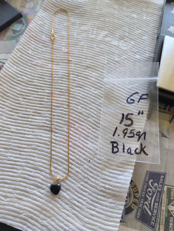 15" Gold Filled Necklace With Black Heart Stone Pendant