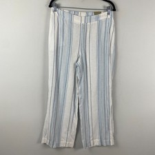 Chicos Linen Blend Pull On Straight Ankle Pants Size 0 US 4 S Blue White Stripe