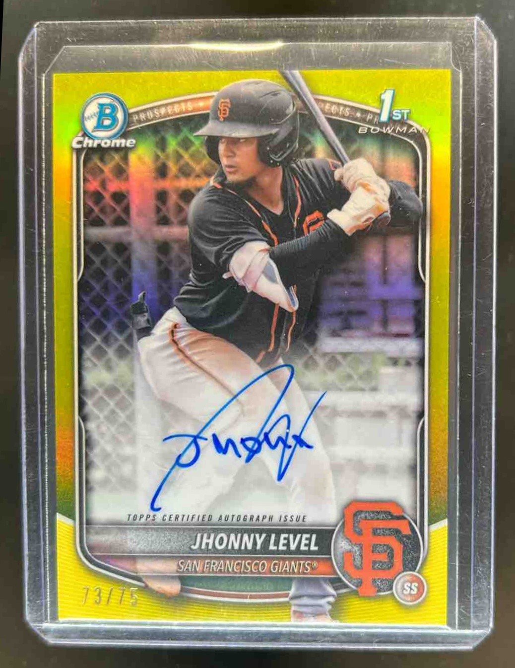 2025 Bowman Jhonny Level Chrome Auto Yellow Refractor 1st Prospect #73/75 Giants