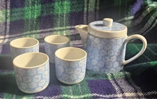JAPAN Floral Tea Set Tea Pot W/ 4 Cups Blue Flowers White Porcelain Gold Trim