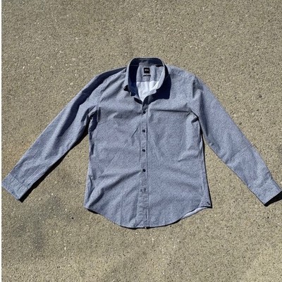 Hugo Boss Blue Micro Print Long Sleeve Button Down Shirt Slim Fit sz XL Travel